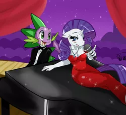 Size: 1582x1447 | Tagged: safe, artist:ss2sonic, derpibooru import, rarity, spike, anthro, clothes, curvy, dress, female, male, piano, shipping, singing, sparity, straight