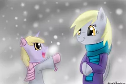 Size: 1280x853 | Tagged: safe, artist:microgrid, derpibooru import, derpy hooves, dinky hooves, pegasus, pony, equestria's best mother, female, mare, snow, snowfall