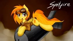 Size: 2560x1440 | Tagged: safe, artist:grumblepluck, derpibooru import, spitfire, pegasus, pony, alternate hairstyle, atomic bomb, bomb, clothes, female, goggles, jacket, mare, pinup, riding, riding a bomb, solo, wallpaper