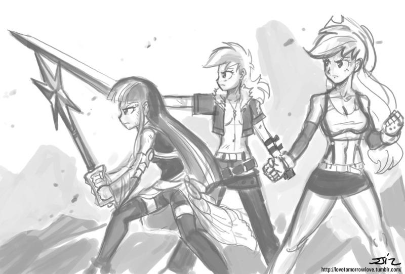 Size: 1100x745 | Tagged: applejack, artist:johnjoseco, derpibooru import, final fantasy, final fantasy vii, final fantasy viii, grayscale, human, humanized, keyblade, kingdom hearts, monochrome, rainbow dash, safe, squall leonhart, sword, tifa lockhart, twilight sparkle, weapon