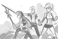 Size: 1100x745 | Tagged: applejack, artist:johnjoseco, derpibooru import, final fantasy, final fantasy vii, final fantasy viii, grayscale, human, humanized, keyblade, kingdom hearts, monochrome, rainbow dash, safe, squall leonhart, sword, tifa lockhart, twilight sparkle, weapon