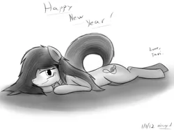 Size: 900x675 | Tagged: safe, artist:microgrid, derpibooru import, octavia melody, pony, 2012, grayscale, happy new year, monochrome, prone