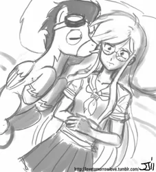 Size: 906x1000 | Tagged: artist:johnjoseco, breasts, derpibooru import, glasses, goggles, grayscale, human, licking, megasweet, monochrome, soarin', suggestive