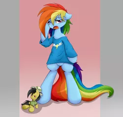 Size: 2100x2000 | Tagged: dead source, safe, artist:grumblepluck, derpibooru import, daring do, rainbow dash, pony, bipedal, bottomless, chest fluff, clothes, high res, morning ponies, plushie, shirt, sleepy, tired