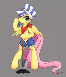 Size: 1496x1748 | Tagged: dead source, suggestive, artist:grumblepluck, derpibooru import, fluttershy, pegasus, pony, mmmystery on the friendship express, bipedal, clothes, costume, open fly, shovel, simple background, solo, topless, train, train conductor, uniform