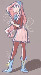 Size: 498x907 | Tagged: artist:snarkies, boots, clothes, derpibooru import, female, fluttershy, humanized, pantyhose, safe, shoes, skirt, solo