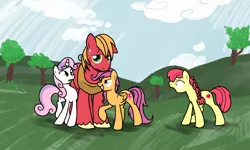 Size: 2000x1200 | Tagged: safe, artist:sotoco, derpibooru import, apple bloom, big macintosh, scootaloo, sweetie belle, earth pony, pegasus, pony, unicorn, adult, big macintosh gets all the mares, cutie mark crusaders, flirting, male, older, older apple bloom, older scootaloo, older sweetie belle, scootamac, shipping, stallion, straight, sweat, sweetiemac