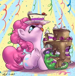 Size: 1000x1024 | Tagged: safe, artist:atryl, derpibooru import, gummy, pinkie pie, :p, cake, confetti, cute, diapinkes, eating, food, hat, pet, silly, sitting, solo, tongue out, top hat