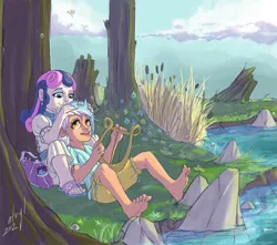 Size: 1075x950 | Tagged: safe, artist:atryl, derpibooru import, bon bon, derpy hooves, lyra heartstrings, sweetie drops, human, pegasus, pony, barefoot, cuddling, feet, humanized, lyrabon, lyre, open mouth, outdoors, sandals, shipping, smiling, snuggling, soles, toes, tree, younger