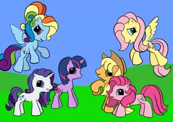 Size: 865x611 | Tagged: safe, artist:darkhestur, derpibooru import, applejack, fluttershy, pinkie pie, rainbow dash, rarity, twilight sparkle, earth pony, pegasus, pony, unicorn, female, g3.5, g4 to g3.5, generation leap, mane six, mare, paint tool sai, unicorn twilight