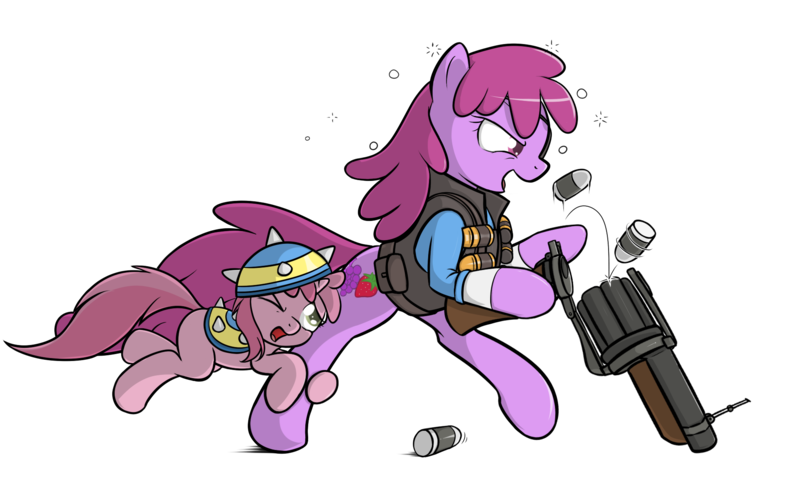 Size: 1960x1200 | Tagged: safe, artist:theparagon, derpibooru import, berry punch, berryshine, ruby pinch, earth pony, pony, unicorn, bipedal, clothes, demoberry, demoman, drunk, glare, grenade, grenade launcher, helmet, open mouth, parody, smiling, team fortress 2, wink