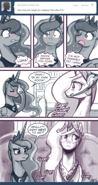 Size: 600x1130 | Tagged: questionable, artist:johnjoseco, derpibooru import, princess celestia, princess luna, alicorn, pony, ask princess molestia, gamer luna, princess molestia, blushing, casual masturbation, clopping, comic, female, mare, masturbation, sweat