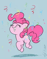 Size: 1100x1373 | Tagged: safe, artist:atryl, derpibooru import, pinkie pie, pony, blue background, confetti, cute, diapinkes, eyes closed, flat colors, simple background, smiling, solo