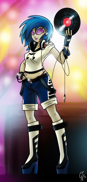 Size: 990x2070 | Tagged: artist:glancojusticar, boots, clothes, derpibooru import, fingerless gloves, gloves, headphones, high heel boots, human, humanized, midriff, pointed breasts, record, safe, shoes, shorts, sleeveless, solo, vinyl scratch