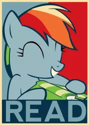 Size: 682x960 | Tagged: source needed, safe, artist:smlahyee, derpibooru import, rainbow dash, pegasus, pony, book, eyes closed, female, happy, hope poster, image, jpeg, mare, poster, read, reading, solo