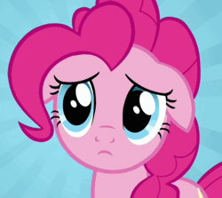 Size: 403x360 | Tagged: animated, cropped, derpibooru import, floppy ears, frown, pinkie pie, putting your hoof down, reaction image, sad, safe, screencap, solo, sunburst background