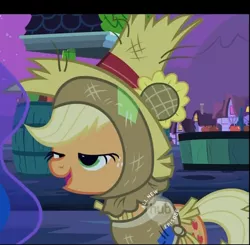 Size: 1165x1141 | Tagged: safe, derpibooru import, screencap, applejack, princess luna, alicorn, earth pony, pony, luna eclipsed, apple, appul, clothes, costume, cropped, derp, female, food, hat, lidded eyes, mare, open mouth, scarecrow, smiling, solo focus