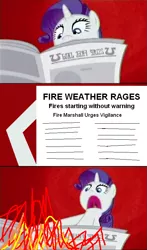 Size: 473x807 | Tagged: abstract background, artist:ponyflea, comic, derpibooru import, edit, edited screencap, fire, i'll destroy her, ironic, irony, meme, newspaper, ponyville confidential, rarity, safe, screencap, screencap comic, solo