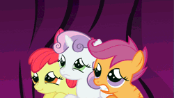 Size: 853x480 | Tagged: safe, derpibooru import, screencap, apple bloom, scootaloo, sweetie belle, earth pony, pegasus, pony, unicorn, friendship is magic, animated, blinking, curtains, cutie mark crusaders, female, filly, foal, gif, scared, scrunchy face, trio