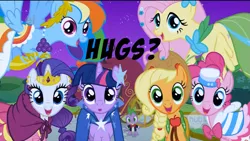 Size: 1439x813 | Tagged: safe, derpibooru import, edit, edited screencap, screencap, applejack, fluttershy, pinkie pie, rainbow dash, rarity, spike, twilight sparkle, dragon, earth pony, pegasus, pony, unicorn, the best night ever, bronybait, caption, carriage, clothes, dress, female, gala dress, hug, hug request, looking at you, male, mane seven, mane six, mare