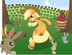 Size: 2439x1885 | Tagged: safe, artist:inceri, derpibooru import, applejack, pony, rabbit, apple, bipedal, fourth wall, fourth wall destruction