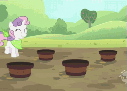 Size: 567x405 | Tagged: animated, bucket, cropped, derpibooru import, eyes closed, hopping, neckerchief, safe, screencap, sisterhooves social, solo, sweetie belle