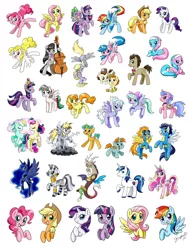 Size: 900x1172 | Tagged: safe, artist:chibi-jen-hen, derpibooru import, aloe, applejack, blossomforth, bon bon, carrot top, cloudchaser, derpy hooves, dinky hooves, discord, doctor whooves, firefly, flitter, fluttershy, golden harvest, lotus blossom, lyra heartstrings, octavia melody, pinkie pie, pound cake, princess cadance, princess luna, pumpkin cake, rainbow dash, rarity, royal ribbon, shining armor, snails, snips, soarin', spike, spitfire, surprise, sweetie drops, time turner, twilight sparkle, zecora, pegasus, pony, zebra, everypony, female, g1, g1 to g4, generation leap, mare, spa twins