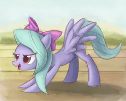 Size: 1500x1200 | Tagged: safe, artist:ric-m, derpibooru import, flitter, pegasus, pony, hurricane fluttershy, bow, face down ass up, female, hair bow, looking forward, mare, open mouth, scene interpretation, solo, spread wings, stretching, track, wings