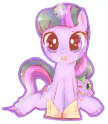 Size: 346x395 | Tagged: safe, artist:pastel-bunny, artist:pasuteru-usagi, derpibooru import, spike, twilight sparkle, pony, unicorn, book, cute, duo, female, glowing horn, horn, looking at you, magic, mare, open mouth, outline, simple background, sitting, spikabetes, twiabetes, unicorn twilight, white background
