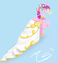 Size: 926x1000 | Tagged: safe, artist:ciscoql, derpibooru import, princess cadance, queen chrysalis, alicorn, pony, blue background, clothes, disguise, disguised changeling, dress, fake cadance, female, frown, image, looking back, mare, png, raised hoof, signature, simple background, smiling, solo, wedding dress