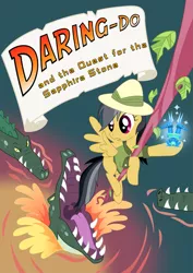 Size: 1437x2032 | Tagged: safe, artist:the-orator, derpibooru import, daring do, crocodile, pegasus, pony, book cover, cover, female, hat, mare, photoshop, pith helmet, sapphire statue, vine, water