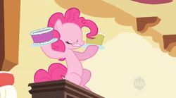 Size: 600x334 | Tagged: animated, assaulting with cake, cake, derpibooru import, hub logo, pinkie pie, safe, screencap, secret of my excess