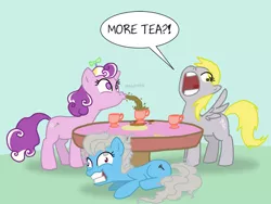 Size: 1950x1463 | Tagged: safe, artist:professor-ponyarity, derpibooru import, derpy hooves, screw loose, screwball, earth pony, pegasus, pony, brandon rogers, cup, dialogue, female, insanity, mare, screwy, table, tea, tea party, teacup, trio