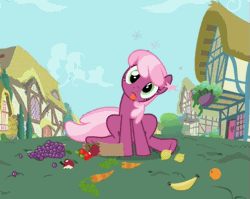 Size: 509x406 | Tagged: safe, derpibooru import, screencap, cheerilee, secret of my excess, animated, apple, banana, carrot, circling stars, derp, dizzy, grapes, groceries, lemon, orange, strawberry, tongue out