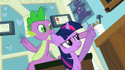 Size: 640x360 | Tagged: safe, derpibooru import, screencap, spike, twilight sparkle, dragon, pony, unicorn, secret of my excess, anatomy chart, animated, chart, claws, cute, disappointed, doctor's office, female, greed spike, loop, male, mama twilight, mare, pouting, reaching, sin of greed, slap, slit eyes, talking, teenage spike, tough love, twiabetes, unicorn twilight, worried