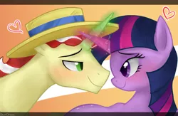 Size: 900x585 | Tagged: safe, artist:mn27, derpibooru import, flim, twilight sparkle, pony, unicorn, eye contact, female, hat, heart, horn, horns are touching, looking at each other, magic, male, mare, shipping, smiling, stallion, straight, twiflim, unicorn twilight