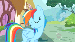 Size: 480x268 | Tagged: safe, derpibooru import, screencap, rainbow dash, pegasus, pony, the mysterious mare do well, animated, female, hub logo, mare, offscreen character, purse, smack, solo