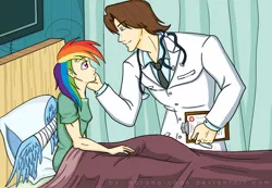 Size: 1300x900 | Tagged: artist:hasana-chan, bandage, bandaged wing, derpibooru import, doctor horse, doctor stable, duo, female, hospital, humanized, implied shipping, male, rainbow dash, read it and weep, safe, shipping, stabledash, straight, winged humanization