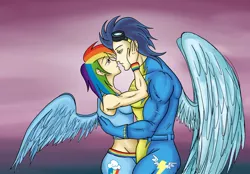 Size: 1900x1319 | Tagged: suggestive, artist:hasana-chan, derpibooru import, rainbow dash, soarin', breasts, female, humanized, male, shipping, soarindash, straight, winged humanization