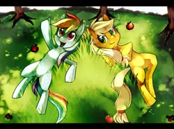 Size: 1720x1278 | Tagged: dead source, safe, artist:si1vr, derpibooru import, applejack, rainbow dash, earth pony, pegasus, pony, apple, duo, duo female, female, food, mare, on back