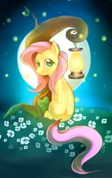 Size: 1281x2031 | Tagged: safe, artist:si1vr, derpibooru import, fluttershy, firefly (insect), pegasus, pony, female, flower, folded wings, head turn, lantern, looking at you, looking back, looking back at you, mare, moon, night, rear view, sitting, solo