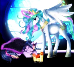 Size: 1000x900 | Tagged: artist:si1vr, candle, derpibooru import, magic, momlestia, princess celestia, safe, sleeping, twilight sparkle