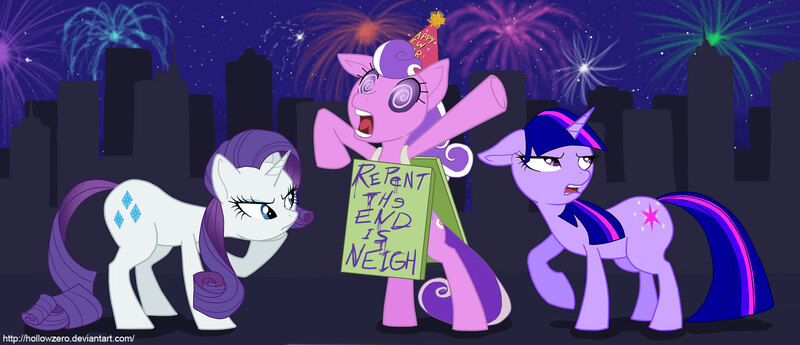 Size: 1632x704 | Tagged: artist:hollowzero, derpibooru import, fireworks, new year, rarity, repent, safe, screwball, the end is neigh, trio, twilight sparkle