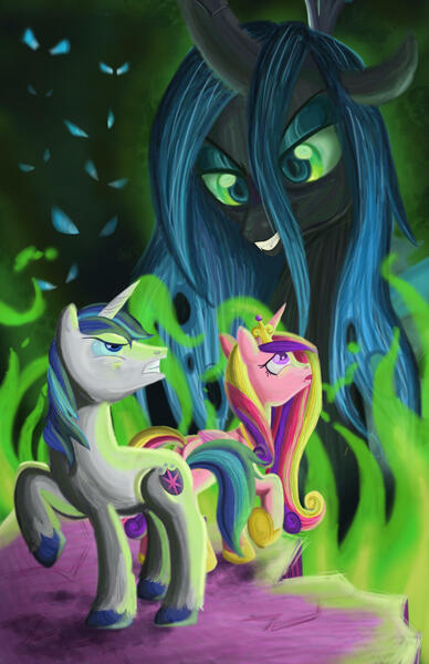 Size: 1970x3045 | Tagged: safe, artist:buckingawesomeart, derpibooru import, princess cadance, queen chrysalis, shining armor, alicorn, changeling, changeling queen, pony, unicorn, angry, changeling swarm, eyes in the dark, female, fire, floppy ears, frown, glowing eyes, grin, gritted teeth, image, jpeg, lidded eyes, male, mare, one hoof raised, raised hoof, scared, smiling, stallion