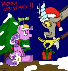 Size: 666x700 | Tagged: safe, artist:putuk, derpibooru import, discord, screwball, chaos, christmas, hat, present, santa hat