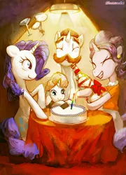 Size: 2000x2773 | Tagged: artist:electrixocket, cake, cookie crumbles, cookieflanks, derpibooru import, family, high res, hondo flanks, parent, rarity, safe, spotlight, sweetie belle, table