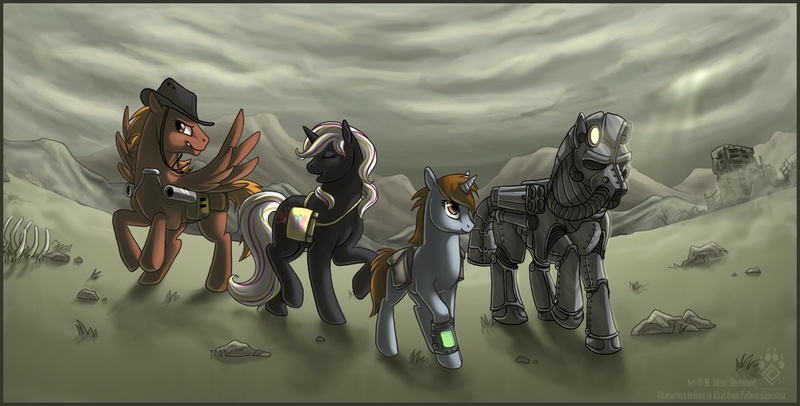 Size: 1210x614 | Tagged: safe, artist:idess, derpibooru import, oc, oc:calamity, oc:littlepip, oc:steelhooves, oc:velvet remedy, unofficial characters only, earth pony, pegasus, pony, unicorn, fallout equestria, fanfic, armor, battle saddle, bone, dashite, eyes closed, fanfic art, female, fluttershy medical saddlebag, gun, hat, hooves, horn, male, mare, medical saddlebag, open mouth, pip-boy, power armor, powered exoskeleton, rifle, rock, ruins, saddle bag, skeleton, stallion, steel ranger, teeth, wasteland, weapon, wings