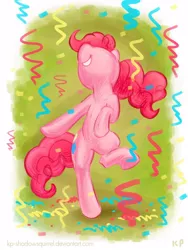Size: 750x1000 | Tagged: safe, artist:kp-shadowsquirrel, derpibooru import, pinkie pie, earth pony, pony, bipedal, confetti, dancing, female, grin, mare, party, raised leg, smiling, solo