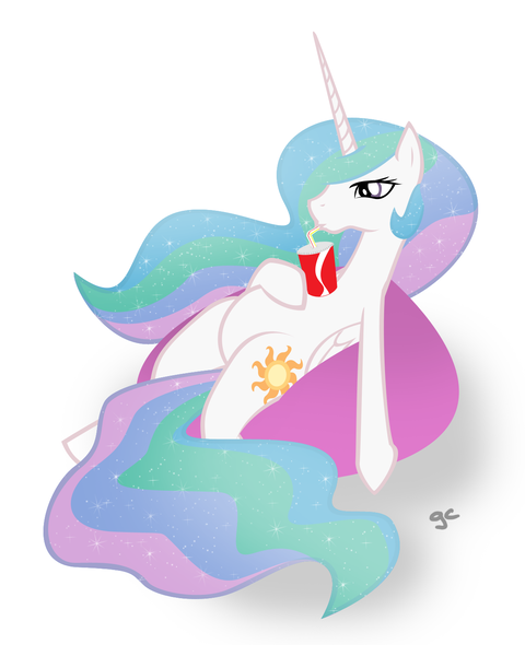 Size: 1200x1500 | Tagged: safe, artist:grilledcat, derpibooru import, princess celestia, alicorn, pony, beanbag chair, featureless crotch, female, mare, on back, photoshop, relaxing, simple background, soda, solo