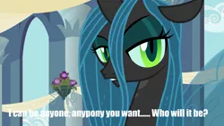 Size: 1152x648 | Tagged: safe, derpibooru import, edit, edited screencap, screencap, queen chrysalis, changeling, changeling queen, a canterlot wedding, bedroom eyes, bust, caption, female, image, image macro, meme, png, solo, text